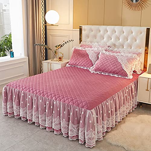 OOFAYWFD 3-teiliges Set Bett Abdeckung Bettrock Samt Gesteppt Volant-Rüschen Tagesdecke 200/220 /180 Bett setzt Protector,Koreanische Version einfarbig gesteppt verdicken halten warm Mit Kissenbezug von OOFAYWFD