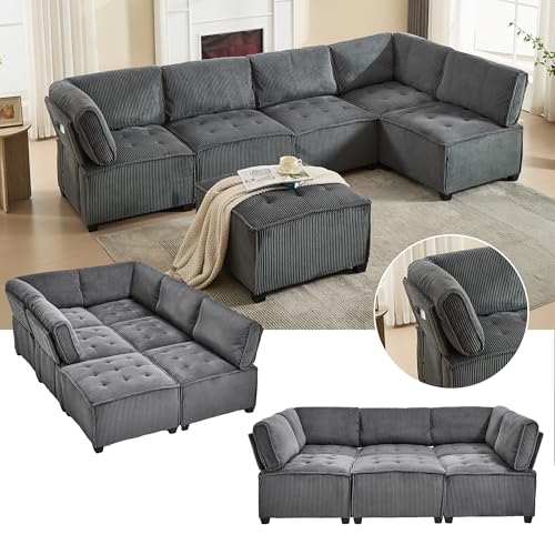 OOIILLEE Ecksofa, ausziehbar, modular, 6-Sitzer-Sofa mit Aufbewahrungstaschen, flexible Kombination in U oder L, mit Schlaffunktion aus Velours, grau von OOIILLEE