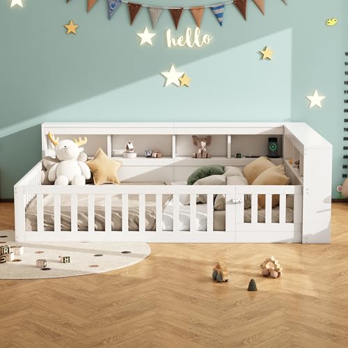 OOIILLEE Kinderbett, 140 x 200 cm, mit Barrieren, mit Steckdose und USB, Montessori-Bett aus weißer Spanplatte (ohne Matratze) von OOIILLEE