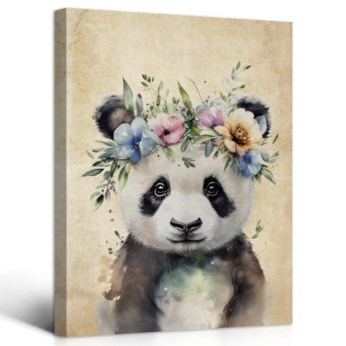 Niedlicher Panda-Kunstdruck auf Leinwand, Wandkunst für Kinderzimmer, Aquarell, Tier-Panda, Portrait, Bild, Gemälde, Vintage-Stil, gerahmt, Kunstwerk für Badezimmer, Schlafzimmer, Wohnzimmer, Büro, von OOLAHLAH