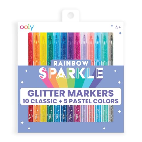 Ooly Glitzerstifte, Regenbogenfarben, 15 Stück, inklusive 5 Pastellmarkern und 10 klassischen Farbmarkern, glitzernde und funkelnde Marker für Kinder, 2 mm Spitze, mittlere Linien, von OOLY