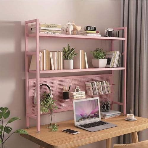 2-stöckiges Schreibtisch-Bücherregal Aus Schmiedeeisen - Industrielles Computer-Schreibtisch-Bücherregal, Organizer Tischregal, Mehrzweck-Aufbewahrungsregal Für Die Arbeitsplatte Mit Lochplatte(Pink,5 von OOPDNEGAK