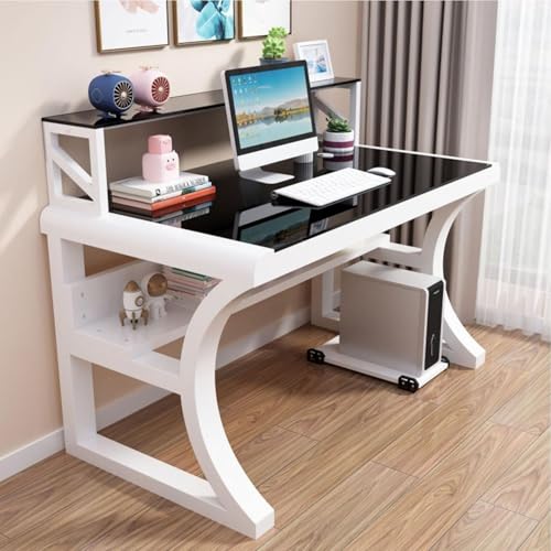 Büroschreibtisch Aus Gehärtetem Glas, Großer Computertisch Mit Ablageflächen, Moderner, Einfacher Gaming-Tisch Mit Metallrahmen, Schreibtisch Für Den Home-Office-Arbeitsplatz(A,100cm/39inch) von OOPDNEGAK
