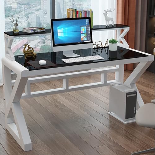 Großer Computertisch, Home-Office-Schreibtische Mit Bücherregal Schreibtisch Aus Gehärtetem Glas Moderner Einfacher Schreibtisch/Arbeitsplatz Mit Lagerregal Aus Metallrahmen Spieltisch(Black+White,100 von OOPDNEGAK