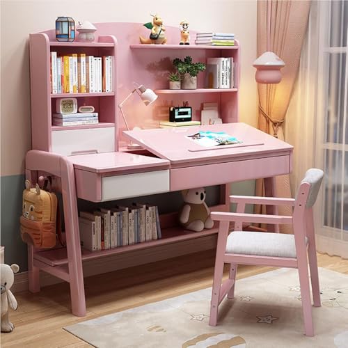Kinderschreibtisch Aus Massivholz, Schreibtisch Mit Schubladen, Höhenverstellbarer Schreibtisch Für Zuhause Und Studenten Mit Bücherregal, 0–60 ° Geneigte Schreibtischplatte Für Kinder Von 5-12(Pink,1 von OOPDNEGAK