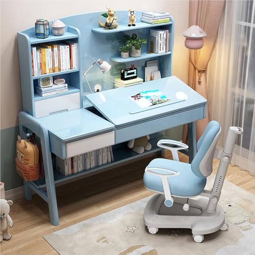 Kinderschreibtisch Aus Massivholz, Schreibtisch Mit Schubladen, Höhenverstellbarer Schreibtisch Für Zuhause Und Studenten Mit Bücherregal, 0–60 ° Geneigte Schreibtischplatte Für Kinder Von 5-12(Blue,8 von OOPDNEGAK