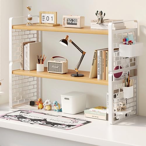 OOPDNEGAK 2/3 Ebenen Verstellbares Schreibtisch-Bücherregal, Mehrzweck-Bücherregal Für Die Arbeitsplatte, Bücherregales Aus Holz/Metall Aufbewahrungsregal Für Computertische(White,40x20x36cm) von OOPDNEGAK