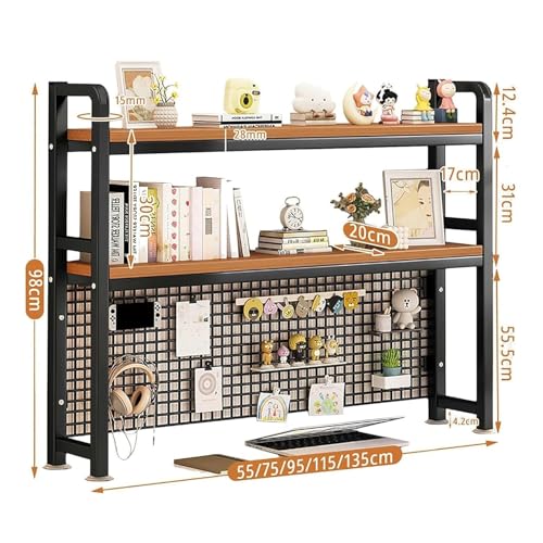 OOPDNEGAK 2-stöckiges Mehrzweck-Bücherregal Für Die Arbeitsplatte, Verstellbares Schreibtisch-Organizer-Rack, Büro-Gitterregal Aus Metall Und MDF, Freistehendes Präsentationsregal(135x20x98cm) von OOPDNEGAK