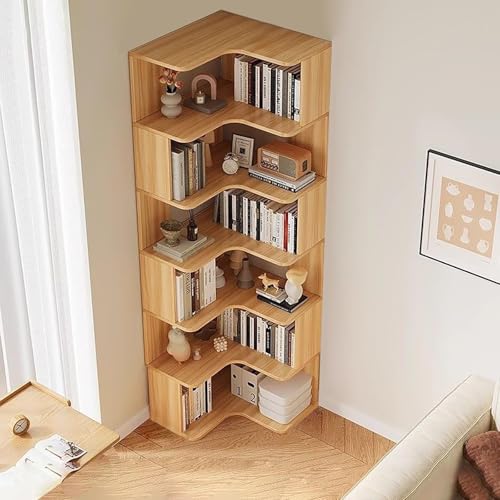 OOPDNEGAK 6 Ebenen Eckbücherregal - Bücherregal Aus Massivholz, Freistehendes Aufbewahrungsregal Mit Regalen Und Offenem Rückendesign, Wohnzimmer-Aufbewahrungsregale(Wood Grain,60 * 60 * 190cm) von OOPDNEGAK