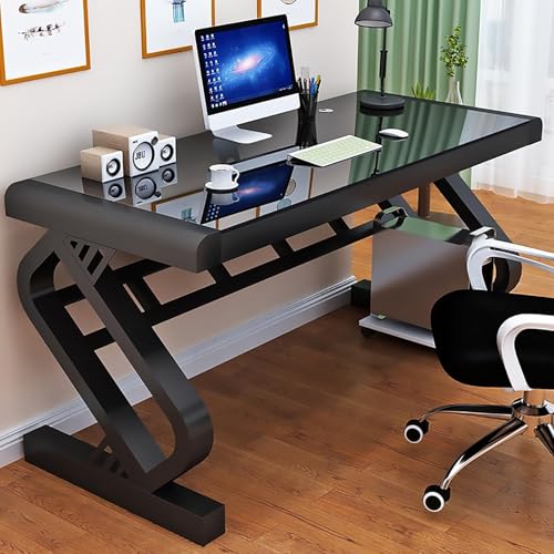 OOPDNEGAK Computertisch Aus Gehärtetem Glas, Moderner Großer Home-Office-Schreibtisch Z-förmigem Metallrahmen, Arbeitstisch, Gaming-Schreibtisch(Black,120cm) von OOPDNEGAK