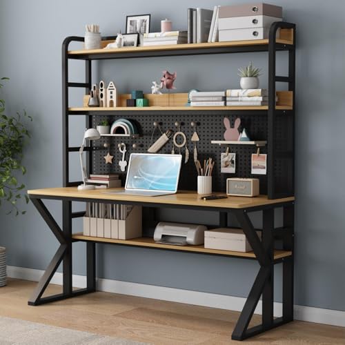 OOPDNEGAK Computertisch Mit Ablagefächern Und Stecktafel, Modernes Home-Office-Schreibtisch-Bücherregal, Massivholz-Schreibtisch, Großer Arbeitstisch(E,47" W x 69" H x 23.6" D) von OOPDNEGAK