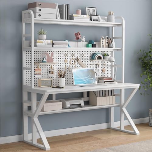 OOPDNEGAK Computertisch Mit Ablageflächen Und Stecktafel, Massivholz Schreibtisch Großer Arbeitstisch Mit Schreibtisch Moderne Home-Office-Schreibtische(A,120cm) von OOPDNEGAK