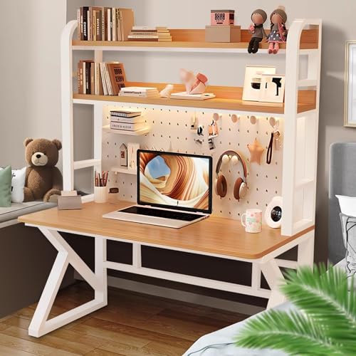 OOPDNEGAK Computertisch Mit Ablageflächen Und Stecktafel, Moderne Home-Office-Schreibtische, Schreibtisch Aus Massivem Holz, Große Arbeitsstation Zum Schreiben(White+Walnut,120cm) von OOPDNEGAK