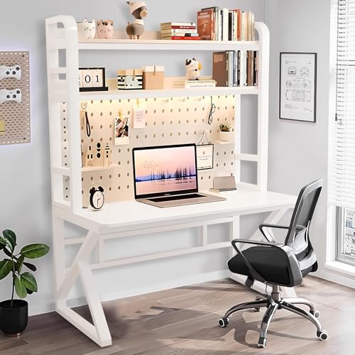 OOPDNEGAK Computertisch Mit Ablageflächen Und Stecktafel, Moderne Home-Office-Schreibtische, Schreibtisch Aus Massivem Holz, Große Arbeitsstation Zum Schreiben(White+White,120cm) von OOPDNEGAK