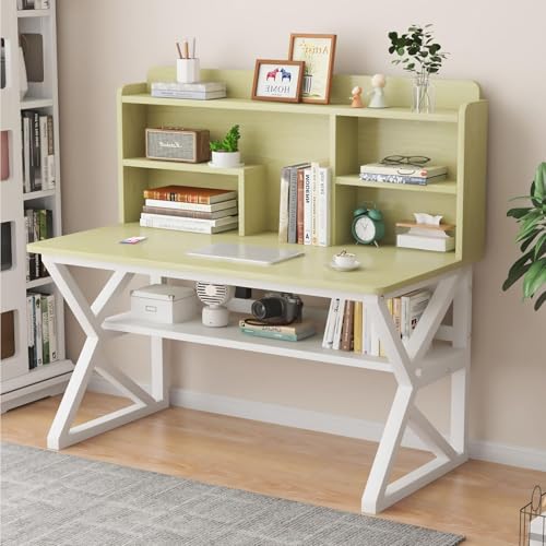 OOPDNEGAK Großer 2-in-1-Computertisch, Büroschreibtisch-Bücherregal Mit Ablagefach, Schreibplatte Aus Massivholz, Geräumige Schreibtischregale, Metallbeine Arbeitstisch(D,39.4x23.6x29.5in) von OOPDNEGAK