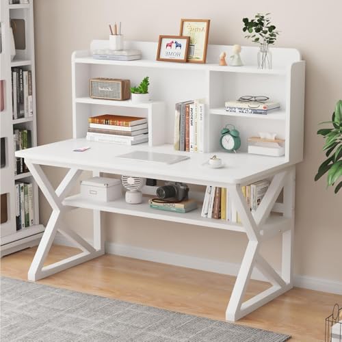 OOPDNEGAK Großer 2-in-1-Computertisch, Büroschreibtisch-Bücherregal Mit Ablagefach, Schreibplatte Aus Massivholz, Geräumige Schreibtischregale, Metallbeine Arbeitstisch(H,31.5x23.6x29.5in) von OOPDNEGAK