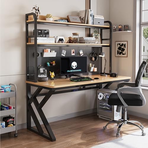 OOPDNEGAK Großer Computertisch, Moderner Gaming-Schreibtisch Mit Hutch Und Stecktafel, Schreibtisch-Arbeitsplatz Für Das Home Office, Aufbewahrungsregal Mit Metallrahmen(Black-Light Walnut,L120CM) von OOPDNEGAK