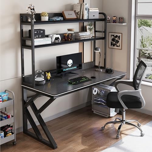 OOPDNEGAK Großer PC-Tisch, Schreibtisch-Arbeitsplatz for Das Home-Office Mit Hutch, Gaming-Schreibtisch, Lagerregal Mit Metallrahmen(Black-Carbon Fiber,L100CM) von OOPDNEGAK
