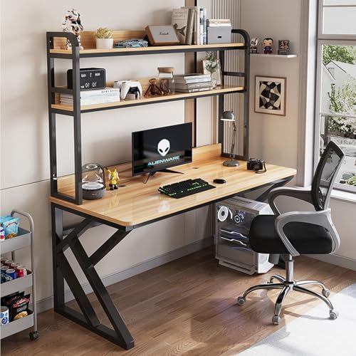 OOPDNEGAK Großer PC-Tisch, Schreibtisch-Arbeitsplatz for Das Home-Office Mit Hutch, Gaming-Schreibtisch, Lagerregal Mit Metallrahmen(Black-Light Walnut,L100CM) von OOPDNEGAK