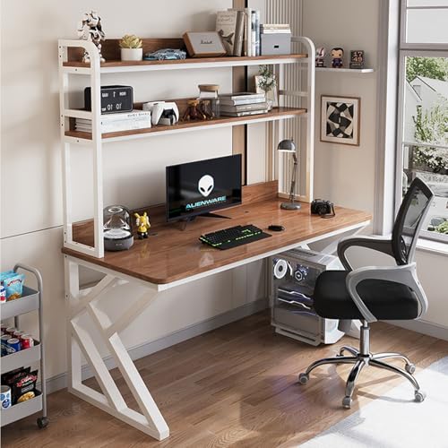 OOPDNEGAK Großer PC-Tisch, Schreibtisch-Arbeitsplatz for Das Home-Office Mit Hutch, Gaming-Schreibtisch, Lagerregal Mit Metallrahmen(White-Dark Walnut,L80CM) von OOPDNEGAK