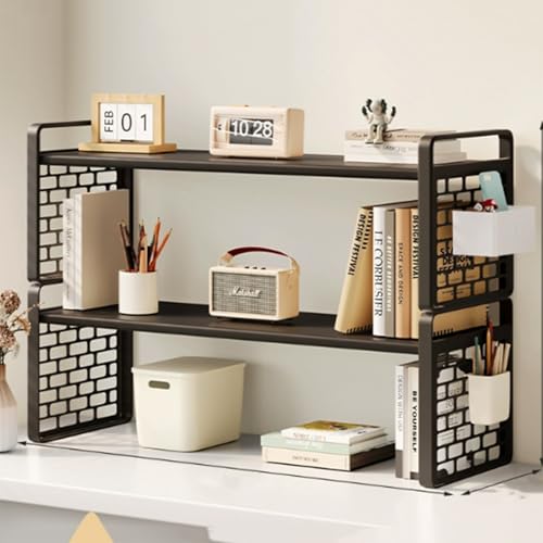 OOPDNEGAK Mehrzweck-Bücherregal Für Die Arbeitsplatte - 2/3 Ebenen Verstellbares Schreibtisch-Bücherregal, Bücherregals Aus Holz/Metall Aufbewahrungsregal Für Computertische(Black,60x20x36cm) von OOPDNEGAK