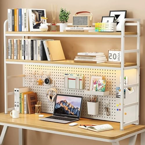 OOPDNEGAK Mehrzweck-Bücherregal Für Die Arbeitsplatte - 2-stufiges Schreibtisch-Ausstellungsregal, Freistehendes Schreibtisch-Bücherregal-Organisationsregal Mit Stecktafel(White,90 * 25 * 96cm) von OOPDNEGAK
