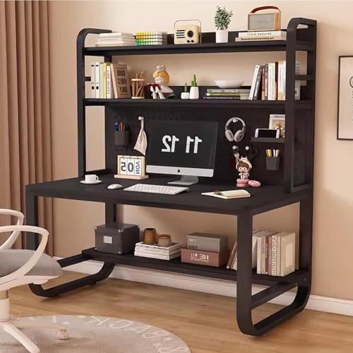 OOPDNEGAK Metallrahmen-Lagerregal, Home-Office-Schreibtisch, Großer Computertisch Mit Bücherregal Und Aufsatz, Arbeitsplatz, Schreib- Und Arbeitstisch Mit Stecktafel(Black Black,47.2x23.6x70in) von OOPDNEGAK