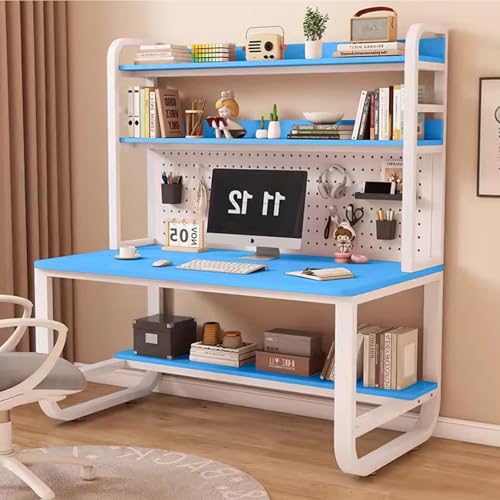 OOPDNEGAK Metallrahmen-Lagerregal, Home-Office-Schreibtisch, Großer Computertisch Mit Bücherregal Und Aufsatz, Arbeitsplatz, Schreib- Und Arbeitstisch Mit Stecktafel(Blue White,31.5x23.6x70in) von OOPDNEGAK