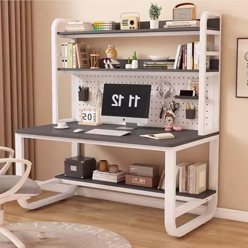 OOPDNEGAK Metallrahmen-Lagerregal, Home-Office-Schreibtisch, Großer Computertisch Mit Bücherregal Und Aufsatz, Arbeitsplatz, Schreib- Und Arbeitstisch Mit Stecktafel(Gray White,31.5x23.6x70in) von OOPDNEGAK