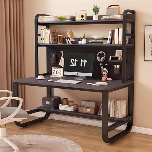 OOPDNEGAK Metallrahmen-Lagerregal, Home-Office-Schreibtisch, Großer Computertisch Mit Bücherregal Und Aufsatz, Arbeitsplatz, Schreib- Und Arbeitstisch Mit Stecktafel(Grey Black,39.3x23.6x70in) von OOPDNEGAK