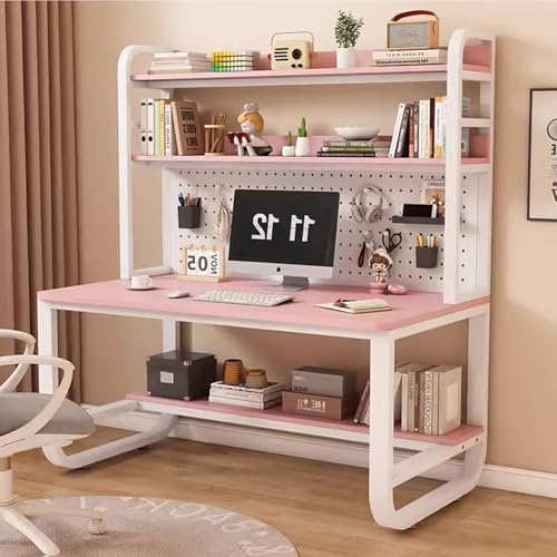 OOPDNEGAK Metallrahmen-Lagerregal, Home-Office-Schreibtisch, Großer Computertisch Mit Bücherregal Und Aufsatz, Arbeitsplatz, Schreib- Und Arbeitstisch Mit Stecktafel(Pink White,35.4x23.6x70in) von OOPDNEGAK