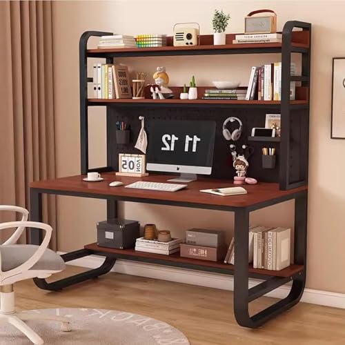 OOPDNEGAK Metallrahmen-Lagerregal, Home-Office-Schreibtisch, Großer Computertisch Mit Bücherregal Und Aufsatz, Arbeitsplatz, Schreib- Und Arbeitstisch Mit Stecktafel(Teak Black,47.2x23.6x70in) von OOPDNEGAK