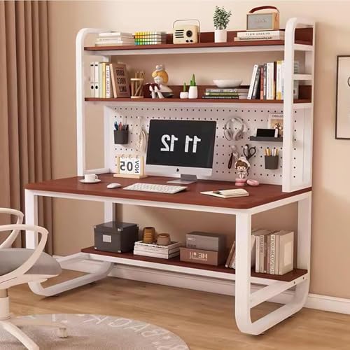OOPDNEGAK Metallrahmen-Lagerregal, Home-Office-Schreibtisch, Großer Computertisch Mit Bücherregal Und Aufsatz, Arbeitsplatz, Schreib- Und Arbeitstisch Mit Stecktafel(Teak White,31.5x23.6x70in) von OOPDNEGAK