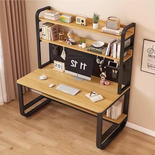 OOPDNEGAK Metallrahmen-Lagerregal, Home-Office-Schreibtisch, Großer Computertisch Mit Bücherregal Und Aufsatz, Arbeitsplatz, Schreib- Und Arbeitstisch Mit Stecktafel(Walnut Black,35.4x23.6x70in) von OOPDNEGAK