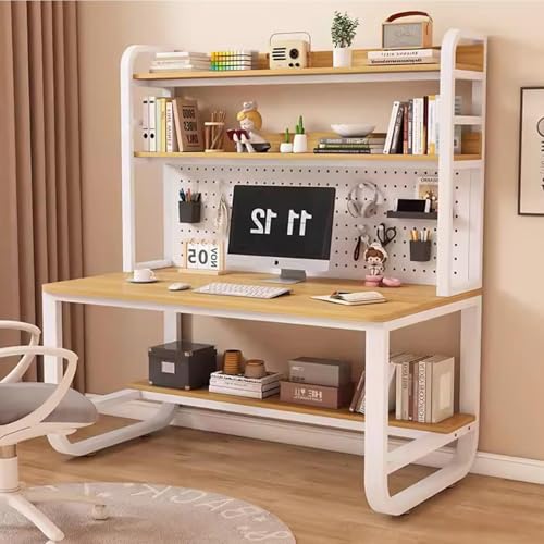 OOPDNEGAK Metallrahmen-Lagerregal, Home-Office-Schreibtisch, Großer Computertisch Mit Bücherregal Und Aufsatz, Arbeitsplatz, Schreib- Und Arbeitstisch Mit Stecktafel(Walnut White,47.2x23.6x70in) von OOPDNEGAK