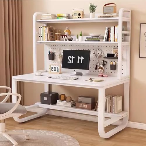 OOPDNEGAK Metallrahmen-Lagerregal, Home-Office-Schreibtisch, Großer Computertisch Mit Bücherregal Und Aufsatz, Arbeitsplatz, Schreib- Und Arbeitstisch Mit Stecktafel(White White,43.3x23.6x70in) von OOPDNEGAK