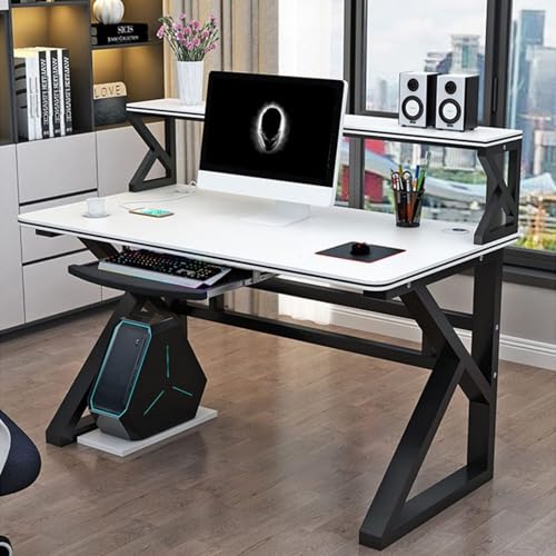 OOPDNEGAK Mit Tastatur Großer Computertisch Home-Office-Schreibtische Mit Bücherregal Moderner, Einfacher Arbeitstisch/Arbeitsplatz Mit Stabilem Metallrahmen Gaming-Schreibtisch(F,120cm) von OOPDNEGAK