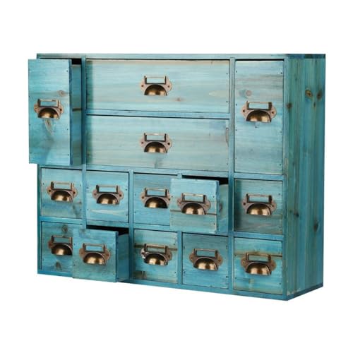 OOPDNEGAK Schubladenbox Holz Aufbewahrungsbox, Apothekerschubladen-Kartenkatalogschrank Mit 14 Schubladen, Hölzerner Kartenkatalog-Aufbewahrungsbox Aus Holz, Für Desktop-Organizer(Blue14) von OOPDNEGAK
