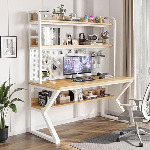 Office Desk Buchhandlung Mit Speicherregalen Und Pegboard, Moderne Home Office -Computer -Schreibtische, Solide Holzschreiberschreibtisch Große Studienschreiber Workstation(White+natural,80*60*170cm) von OOPDNEGAK