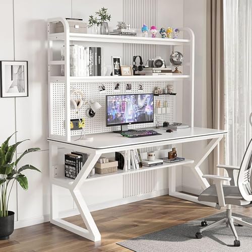 Office Desk Buchhandlung Mit Speicherregalen Und Pegboard, Moderne Home Office -Computer -Schreibtische, Solide Holzschreiberschreibtisch Große Studienschreiber Workstation(White Shelf+white,80*60*170 von OOPDNEGAK