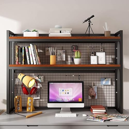 Schreibtisch-Bücherregal Für Computertische - Mesh-Schreibtisch-Aufbewahrungsregal, 2-stöckiges Verstellbares Büro-Schreibtischregal, Multifunktionales Offenes Aufbewahrungsdisplay(Black+Teak,115*24*8 von OOPDNEGAK