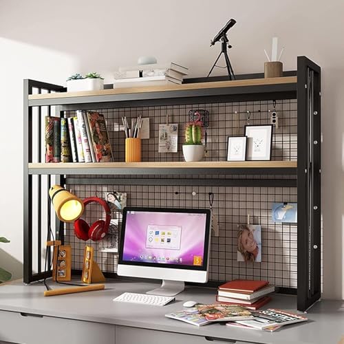 Schreibtisch-Bücherregal Für Computertische - Mesh-Schreibtisch-Aufbewahrungsregal, 2-stöckiges Verstellbares Büro-Schreibtischregal, Multifunktionales Offenes Aufbewahrungsdisplay(Black+Log,95*24*89c von OOPDNEGAK