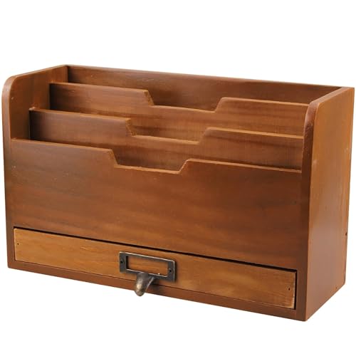 Schubladenbox Organizer for Tischzubehör – Vertikaler Aktensortierer Mit 3 Fächern Und 1 Schublade Mit Metallgriffen, Rustikale Aufbewahrungsbox Aus Holz for Den Schreibtisch von OOPDNEGAK
