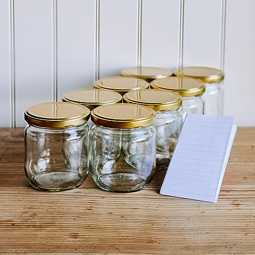 OOPS TOYS 24x Einmachgläser mit schraubdeckel 450 ml - Einweckgläser mit Etiketten - Marmeladengläser mit Deckel Gold - Schraubgläser mit Deckel - Weck gläser - Einmachglas - TO 82 (24 Stk.) von OOPS TOYS