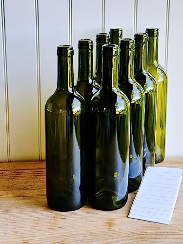 OOPS TOYS 8x Weinflasche 750 ml ohne/mit natürlichen Weinkorken - Olivgrün Glasflasche mit Etiketten - Leere Flasche Likör - Weinflaschen aus Glas - Glasflasche Leere Flasche (8 Stk. ohne Korken) von OOPS TOYS