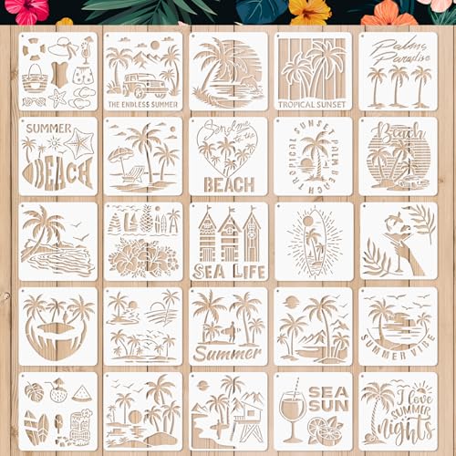 25 Stück Malerei Schablonen, Sommer Palmen Schablone, Kinder Sommer Basteln Zeichenschablonen Kunststoff Wiederverwendbar, Schablonen Set für DIY Handwerk Malen auf Holz, Stein, Papier, Stoff, Wand von OOTSR