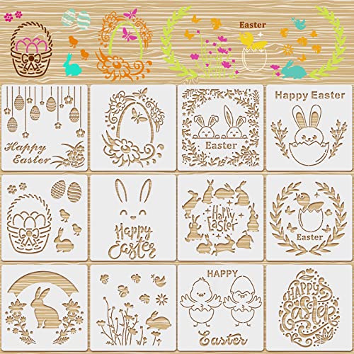 OOTSR 12 Stück Oster Schablonen, 5.9x5.9 Inch Schablonen zum Malen Ostern Hasen Eier Küken Wiederverwendbar Kunststoff Schablonen Vorlagen für DIY Scrapbooking PapierKarten Handwerk von OOTSR