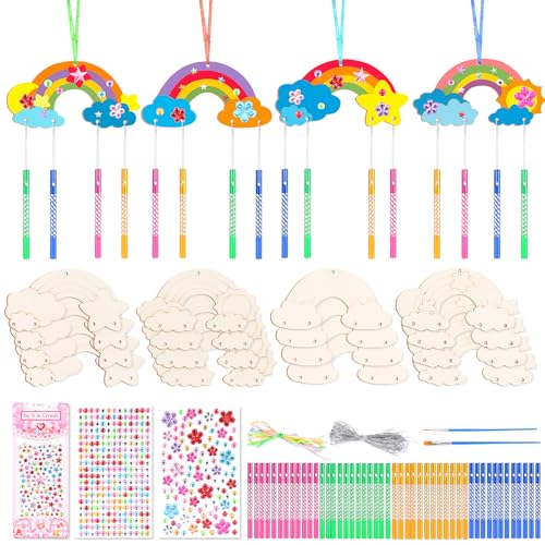 OOTSR 12 Stück Windspiel Bastelset Kinder Regenbogen Windspiel Basteln Bastelhandwerk zum Bemalen Holz zum Bemalen für Mädchen Garten Deko von OOTSR