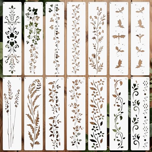 OOTSR 14 Stück Pflanzen Bastelschablonen Set, 30x7.62cm Wiederverwendbar Kunststoff Blumen für Malerei Holz Wandgestaltung Deko Scrapbooking DIY Handwerk von OOTSR