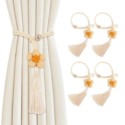 OOTSR 4 Stück Vorhang Raffhalter, 58cm Blumen Gardinenhalter mit Quasten, Boho Gardinen Raffhalter für Vorhänge, Curtain Rope Buckle Handgestrickte für Haus Büro Wohnzimmer Schlafzimmer Deko von OOTSR